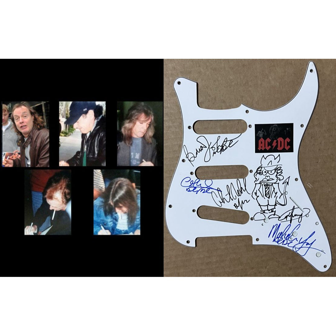 ACDC Angus & Malcolm Young Brian Johnson Cliff Williams Phil Rudd guitar pickguard signed with proof