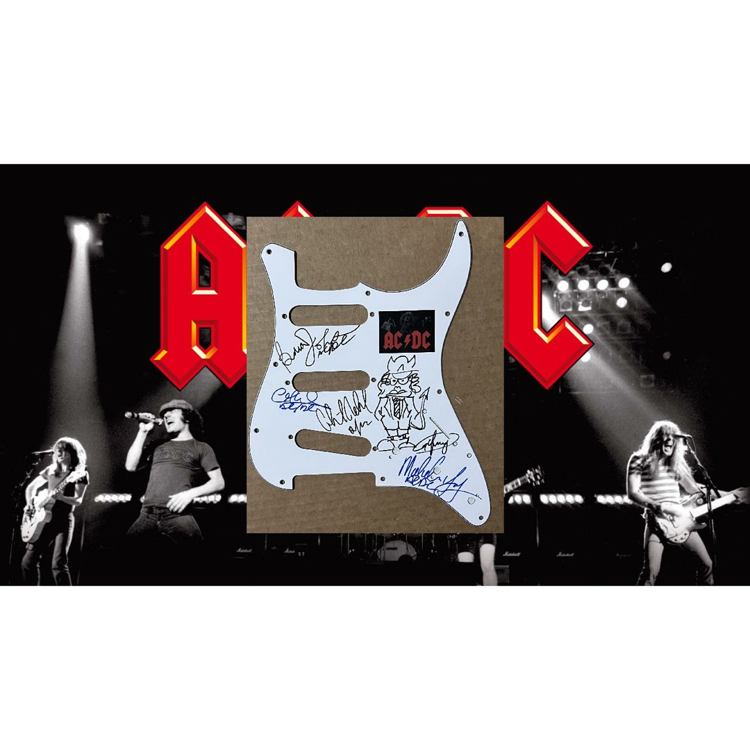 ACDC Angus & Malcolm Young Brian Johnson Cliff Williams Phil Rudd guitar pickguard signed with proof