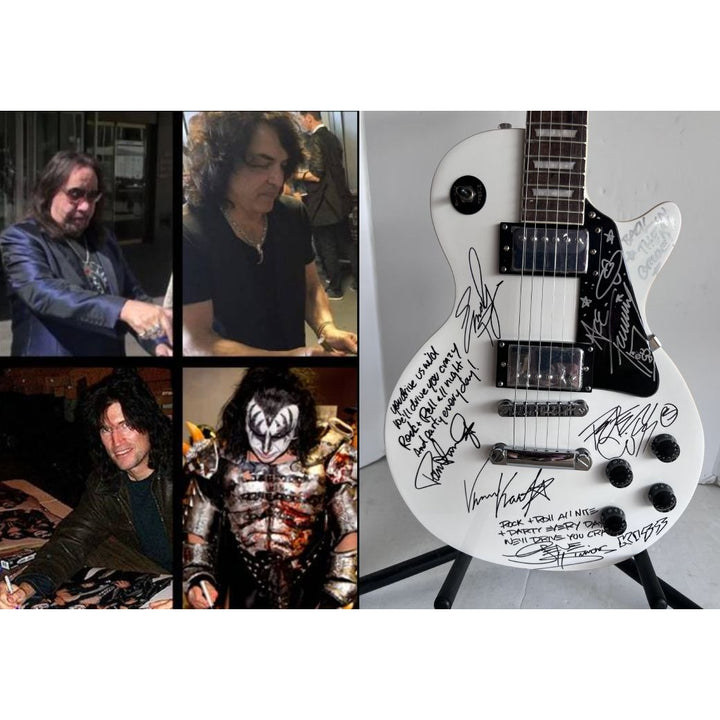 Kiss Gene Simmons, Paul Stanley, Ace Frehley, Peter Criss, Tommy Thayer, Eric Singer and Bruce Kulick Les Paul electric guitar signed with p