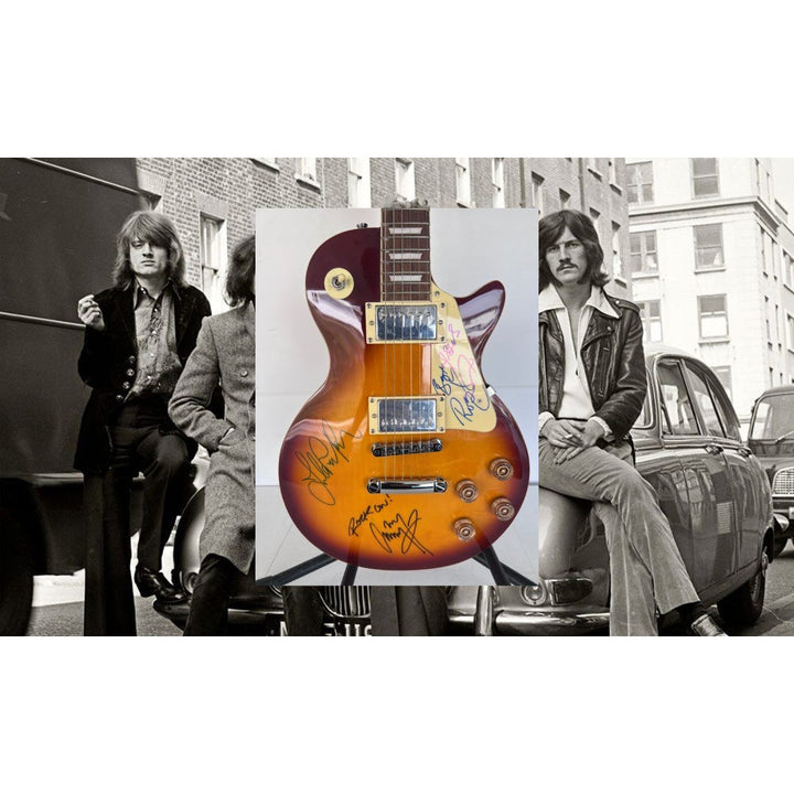 Led Zeppelin Jimmy Page with inscription Rock On! Robert Plant, and John Paul Jones vintage les paul signed with proof.