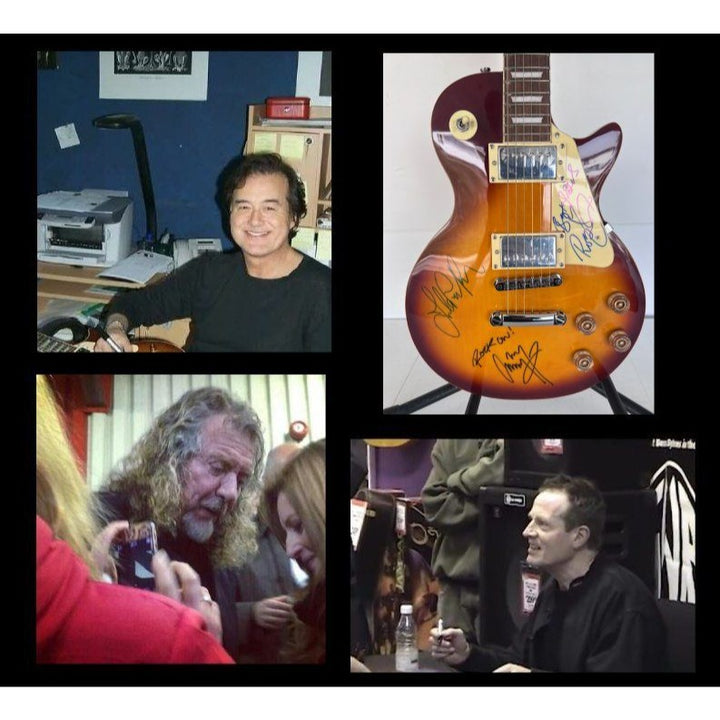 Led Zeppelin Jimmy Page with inscription Rock On! Robert Plant, and John Paul Jones vintage les paul signed with proof.
