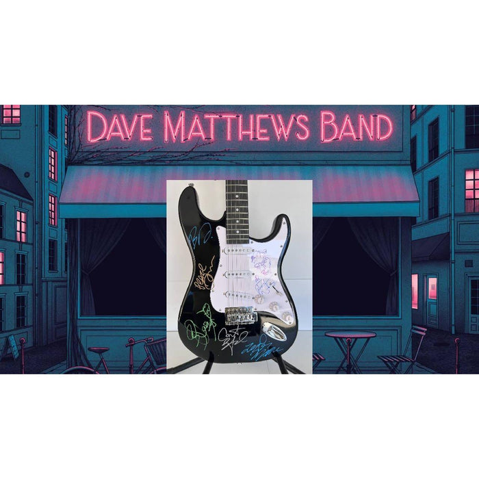 Dave Mathews, Le Roi Moore, Carter Beauford, Stefan Lessard, Boyd Tinsley electric guitar signed with proof
