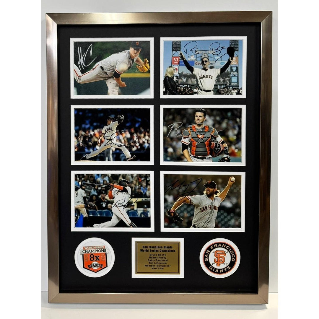 Bruce Bochy Buster Posey Matt Cain San Francisco Giants  World Series Champions 5x7 photos in museum quality frame 22 x 28 signed with proof Awesome Artifacts