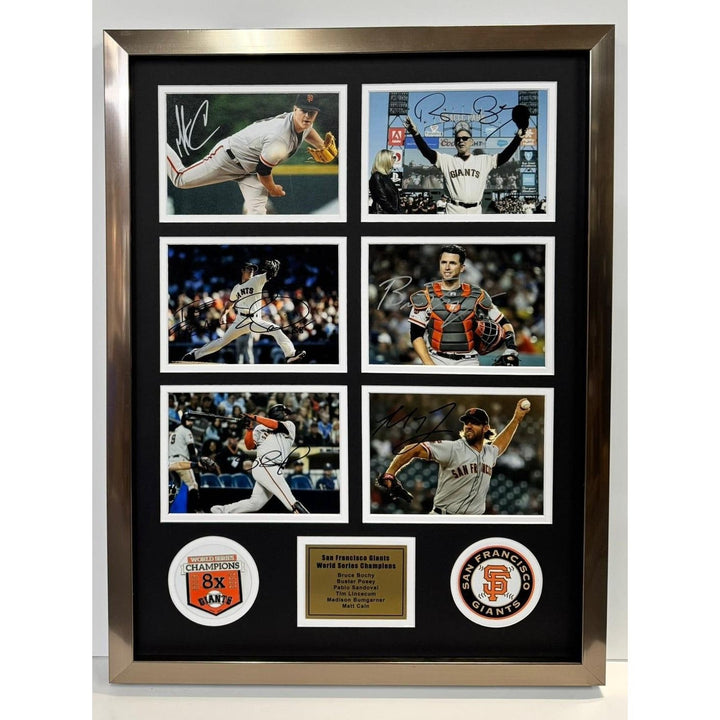 Bruce Bochy Buster Posey Matt Cain San Francisco Giants  World Series Champions 5x7 photos in museum quality frame 22 x 28 signed with proof Awesome Artifacts