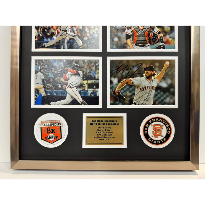 Bruce Bochy Buster Posey Matt Cain San Francisco Giants  World Series Champions 5x7 photos in museum quality frame 22 x 28 signed with proof Awesome Artifacts