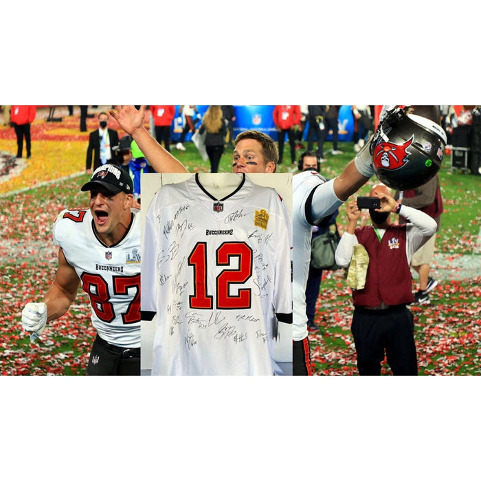 Tampa Bay Buccaneers Tom Brady, Rob Gronkowski, Bruce Arians, 2020-21 Super Bowl LIX champs team signed XXL jersey with proof