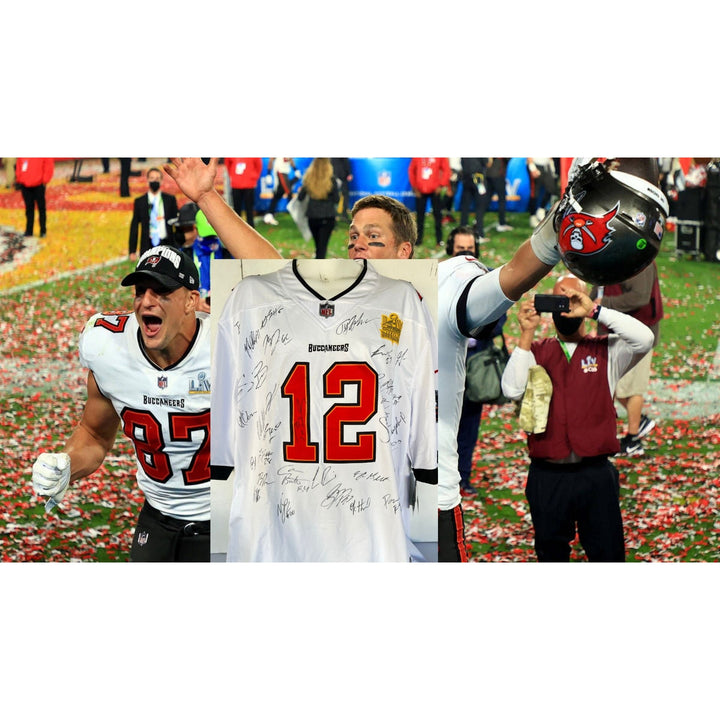 Tampa Bay Buccaneers Tom Brady, Rob Gronkowski, Bruce Arians, 2020-21 Super Bowl LIX champs team signed XXL jersey with proof