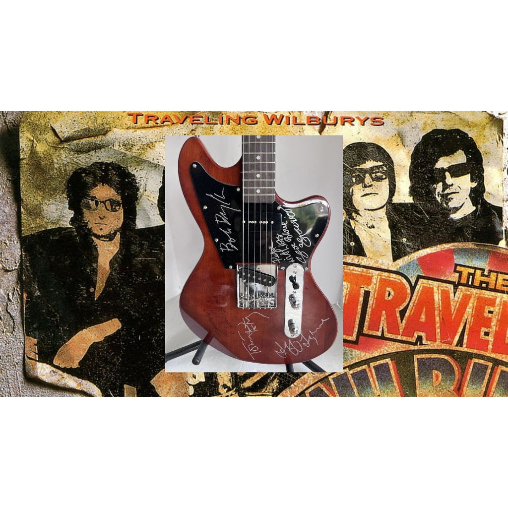 George Harrison Tom Petty Roy Orbison Bob Dylan Jeff Lynne the Traveling Wilburys vintage electric guitar sign with proof