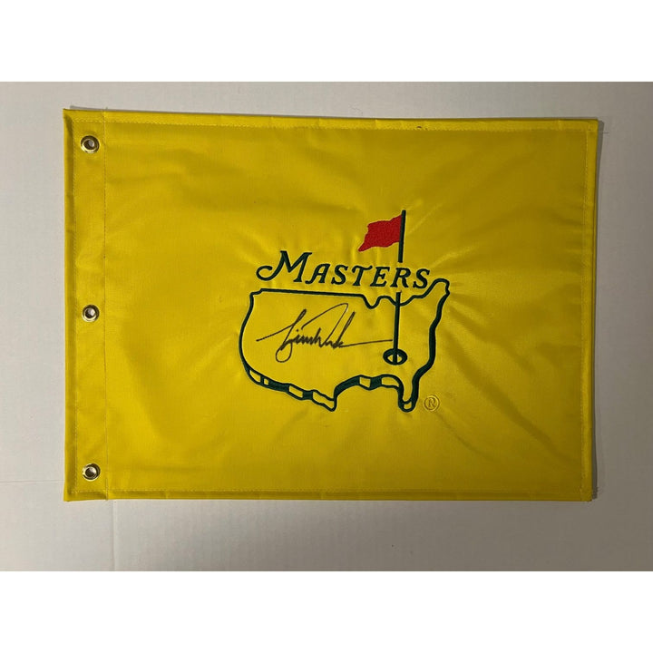 Tiger Woods Masters Champion embroidered undated Master Golf flag signed with photo proof