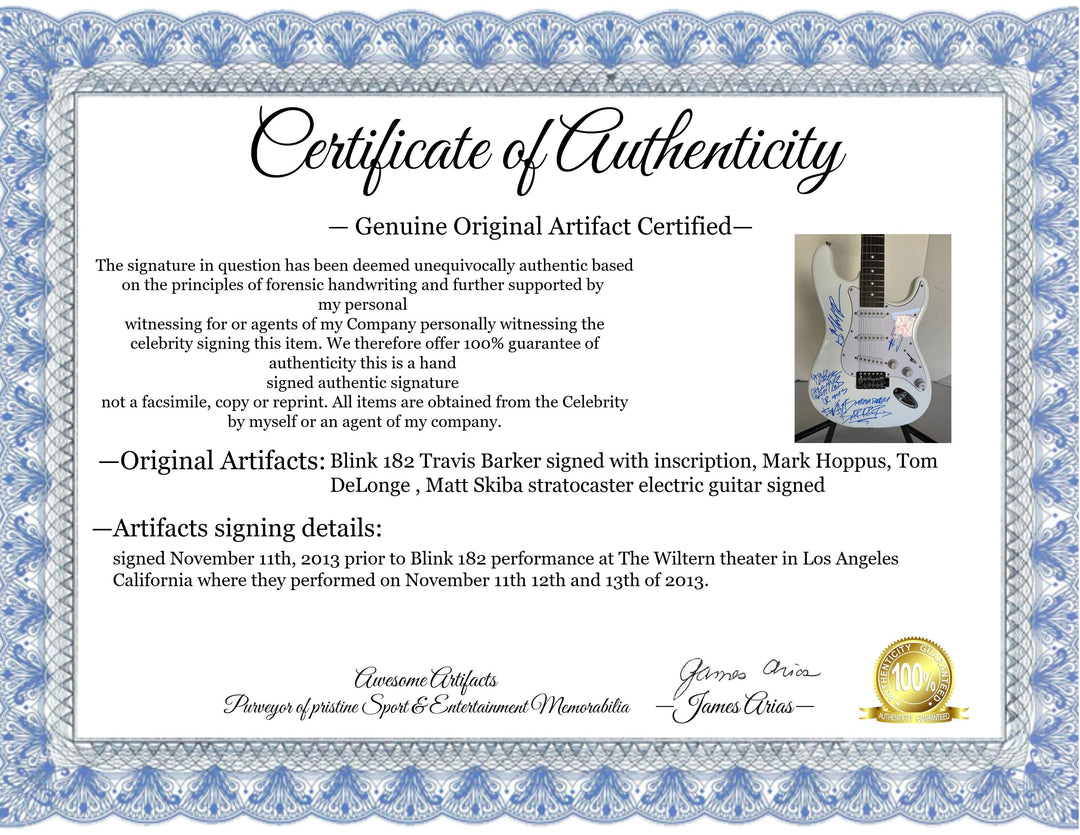 Blink 182 Travis Barker signed with inscription, Mark Hoppus, Tom DeLonge , Matt Skiba stratocaster electric guitar signed with proof