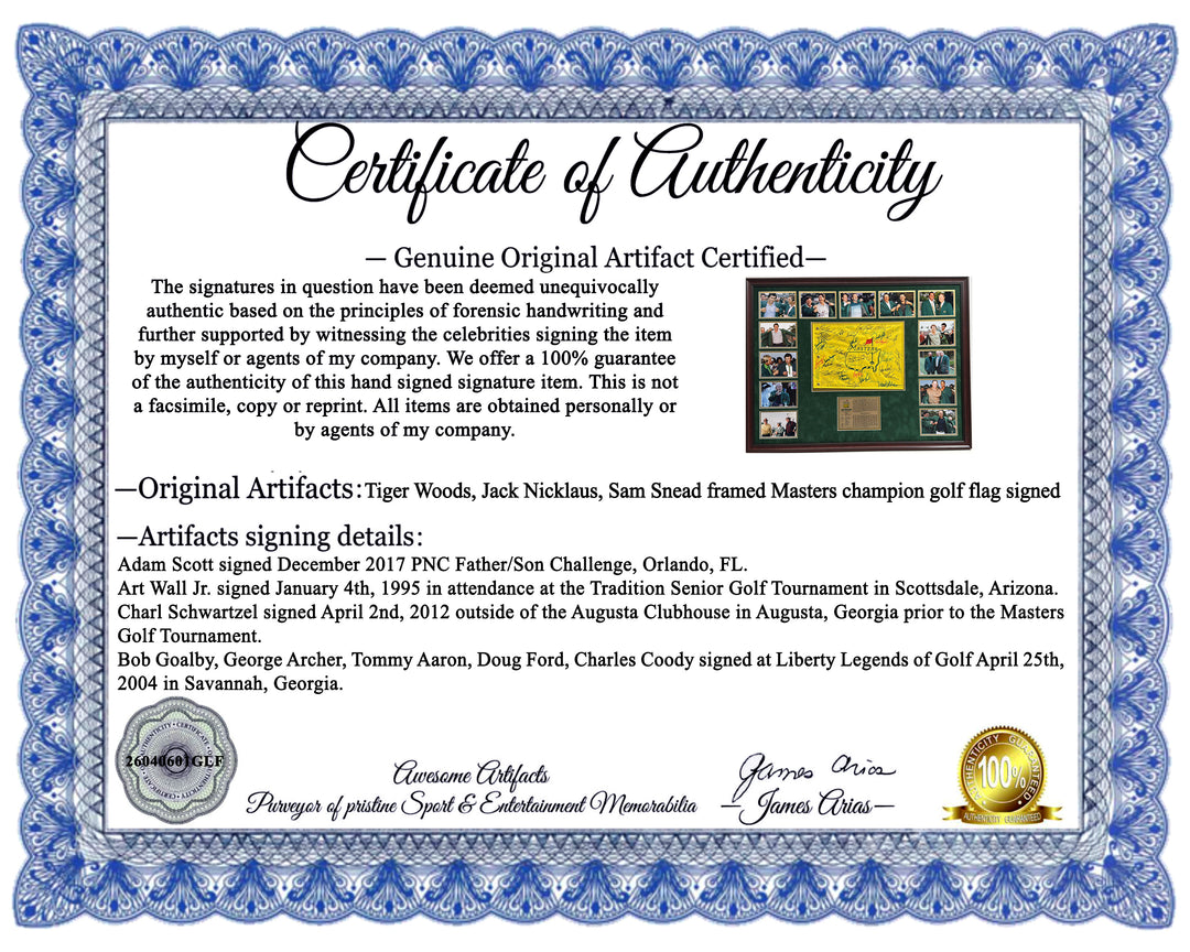 Tiger Woods, Jack Nicklaus, Sam Snead Masters champion signed golf flag with proof.