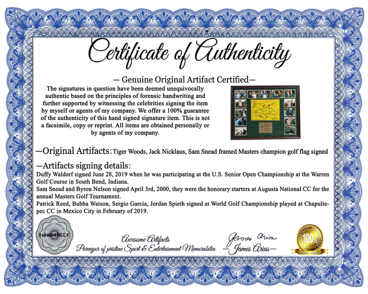 Tiger Woods, Jack Nicklaus, Sam Snead Masters champion signed golf flag with proof.