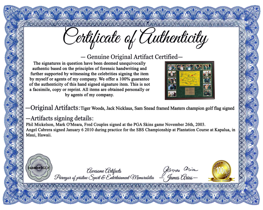 Tiger Woods, Jack Nicklaus, Sam Snead Masters champion signed golf flag with proof.