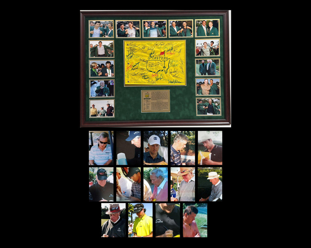 Tiger Woods, Jack Nicklaus, Sam Snead Masters champion signed golf flag with proof.