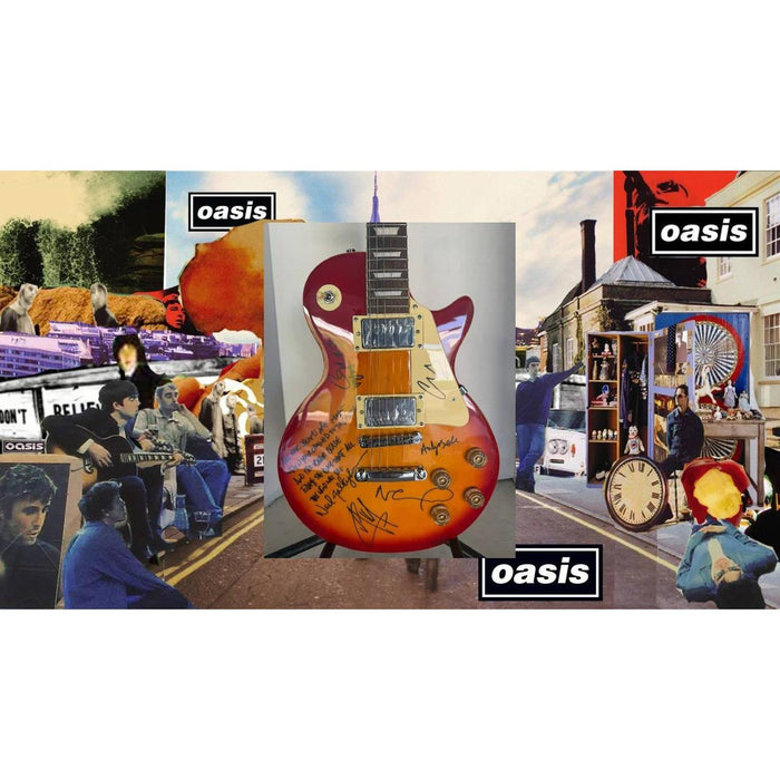 Oasis Alan White, Andy Bell, Gem Archer, Liam Gallagher, Noal Gallagher (included lyrics) Cherry les paul electric guitar Signed with proof.