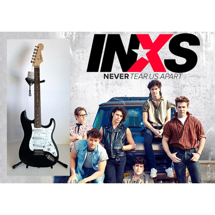 INXS: Michael Hutchence, Jon, Andrew, Tim Farriss, Garry Gary Beers, Fender Stratocaster full size electric guitar signed with proof