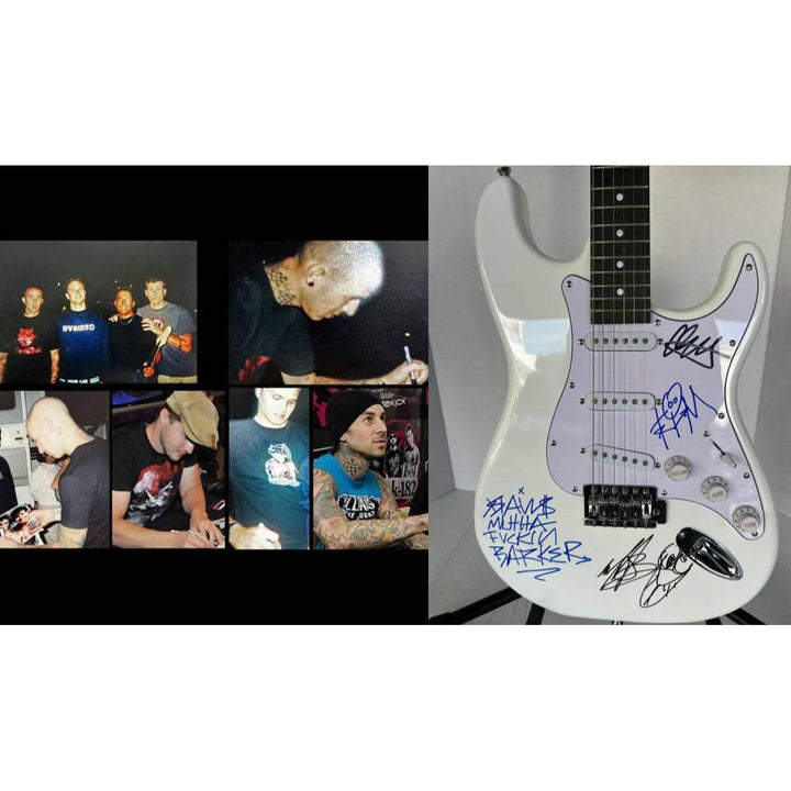 Blink 182 Travis Barker signed with inscription, Mark Hoppus, Tom DeLonge , Matt Skiba stratocaster electric guitar signed with proof