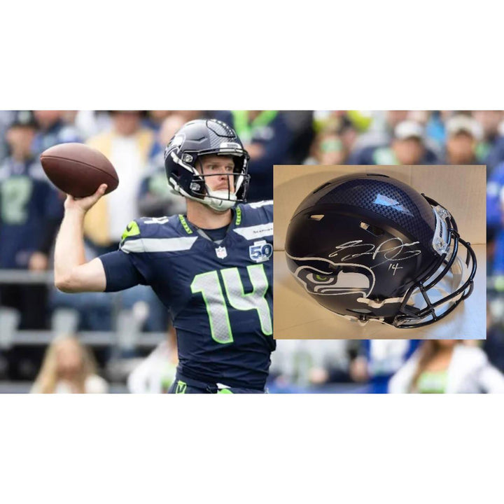 Football player in navy and green uniform throwing ball, with a close-up of a helmet on the side.