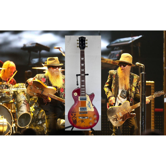 ZZ Top vintage les paul electric guitar Billy Gibbons with sketch Frank Beard Dusty Hill signed with proof