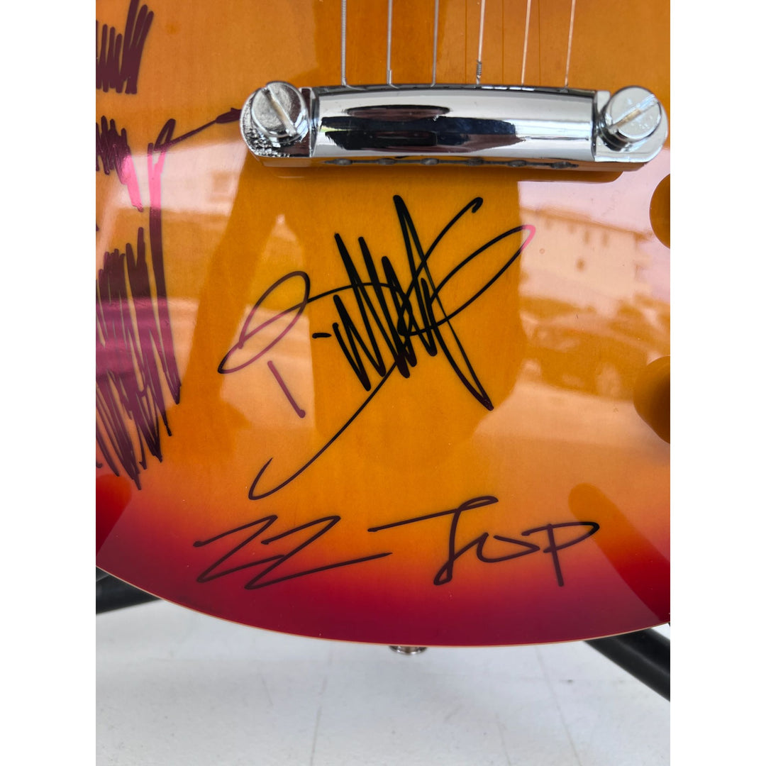 ZZ Top vintage les paul electric guitar Billy Gibbons with sketch Frank Beard Dusty Hill signed with proof.