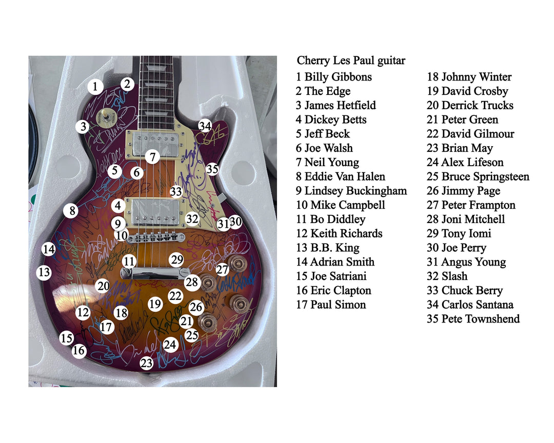 Eric Clapton, Eddie Van Halen, Carlos Santana, Jimmy Page 36 of rock and roll's greatest guitarists of all time vintage Les Paul style electric guitar signed with proof