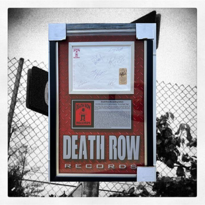 Death Row Records origonal stationary signed by (8) Tupac Shakur (Luxor Hotel Key),Calvin Broadus Jr. "Snoop Dog "34x22 museum quality frame