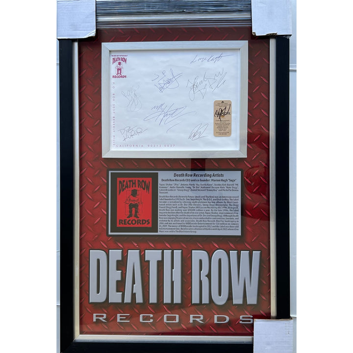 Death Row Records origonal stationary signed by (8) Tupac Shakur (Luxor Hotel Key),Calvin Broadus Jr. "Snoop Dog "34x22 museum quality frame