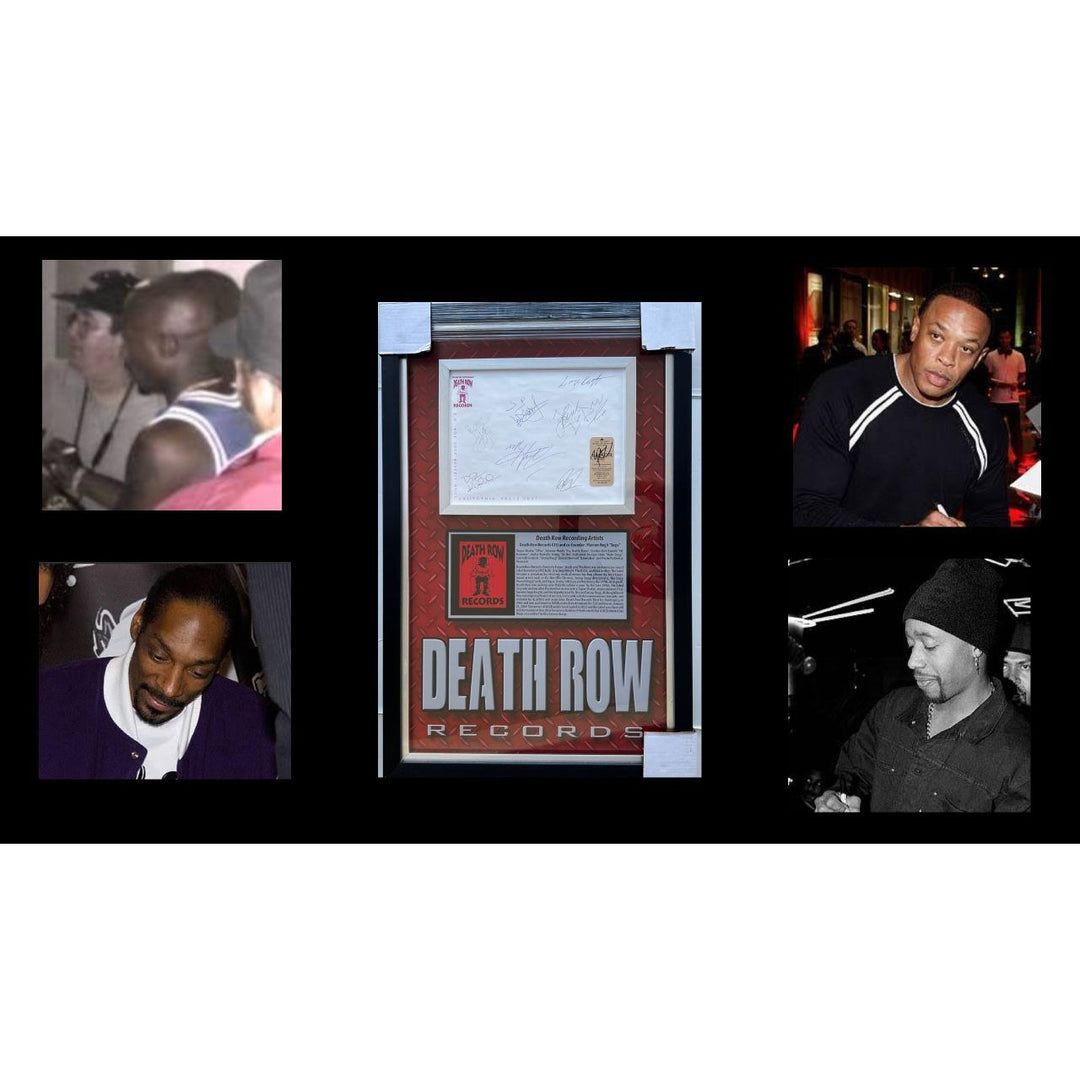 Death Row Records origonal stationary signed by (8) Tupac Shakur (Luxor Hotel Key),Calvin Broadus Jr. "Snoop Dog "34x22 museum quality frame