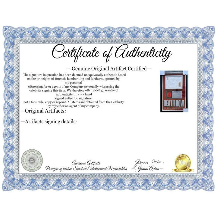 Death Row Records origonal stationary signed by (8) Tupac Shakur (Luxor Hotel Key),Calvin Broadus Jr. "Snoop Dog "34x22 museum quality frame