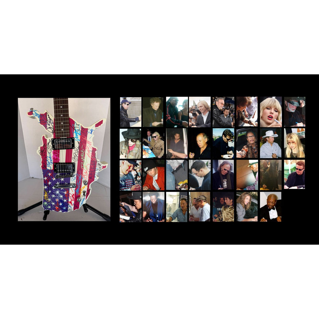 Don Henley James Taylor Neil Young Steven Tyler Stevie Nicks Music Icons USA Map electric guitar signed with proof.