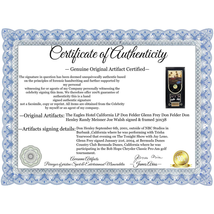 The Eagles Hotel California LP Don Felder Glenn Frey Don Felder Don Henley Randy Meisner Joe Walsh signed & framed 30x38 with proof