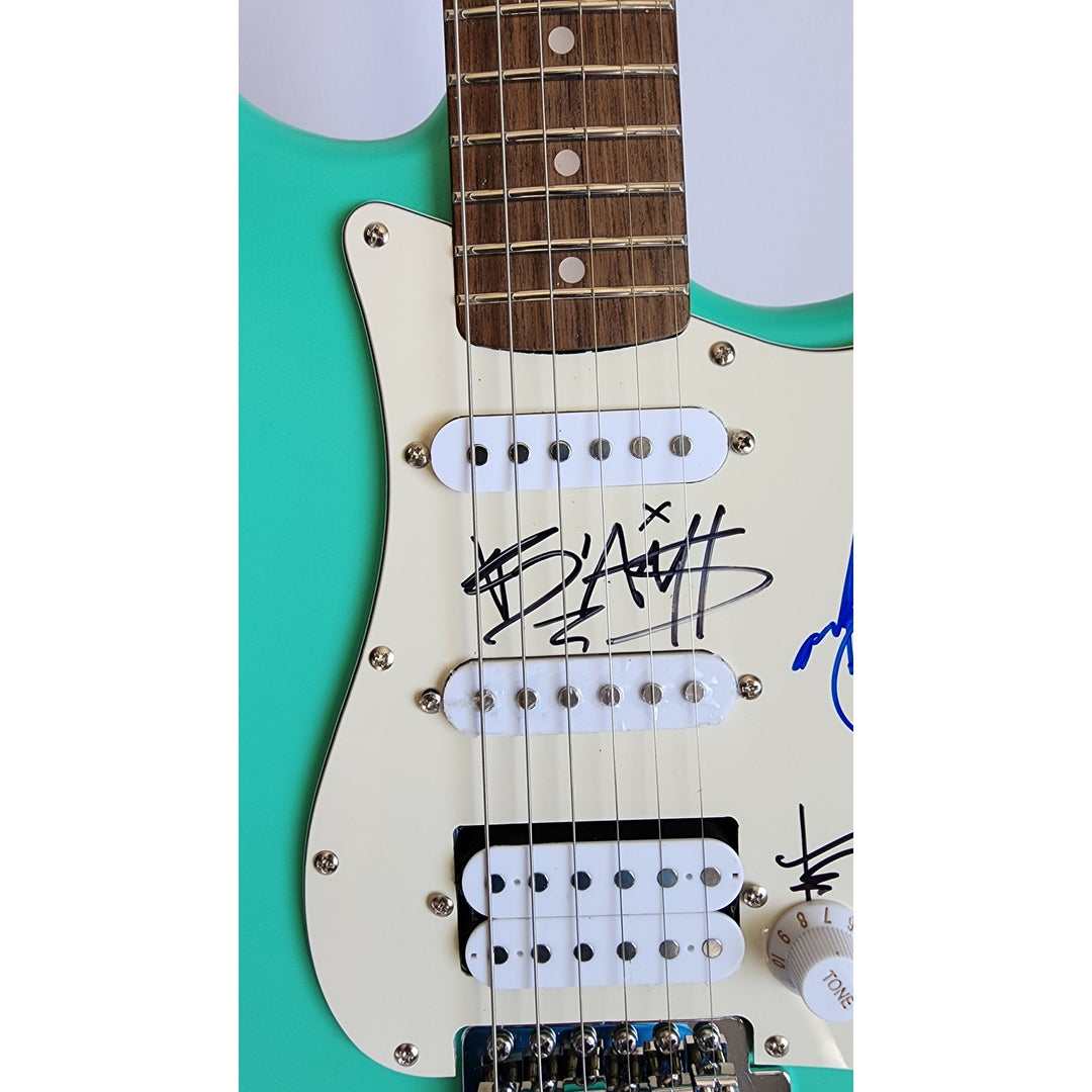 Blink 182 Travis Barker, Mark Hoppus, Tom De Longe authentic Fender Stratocaster electric guitar signed with proof