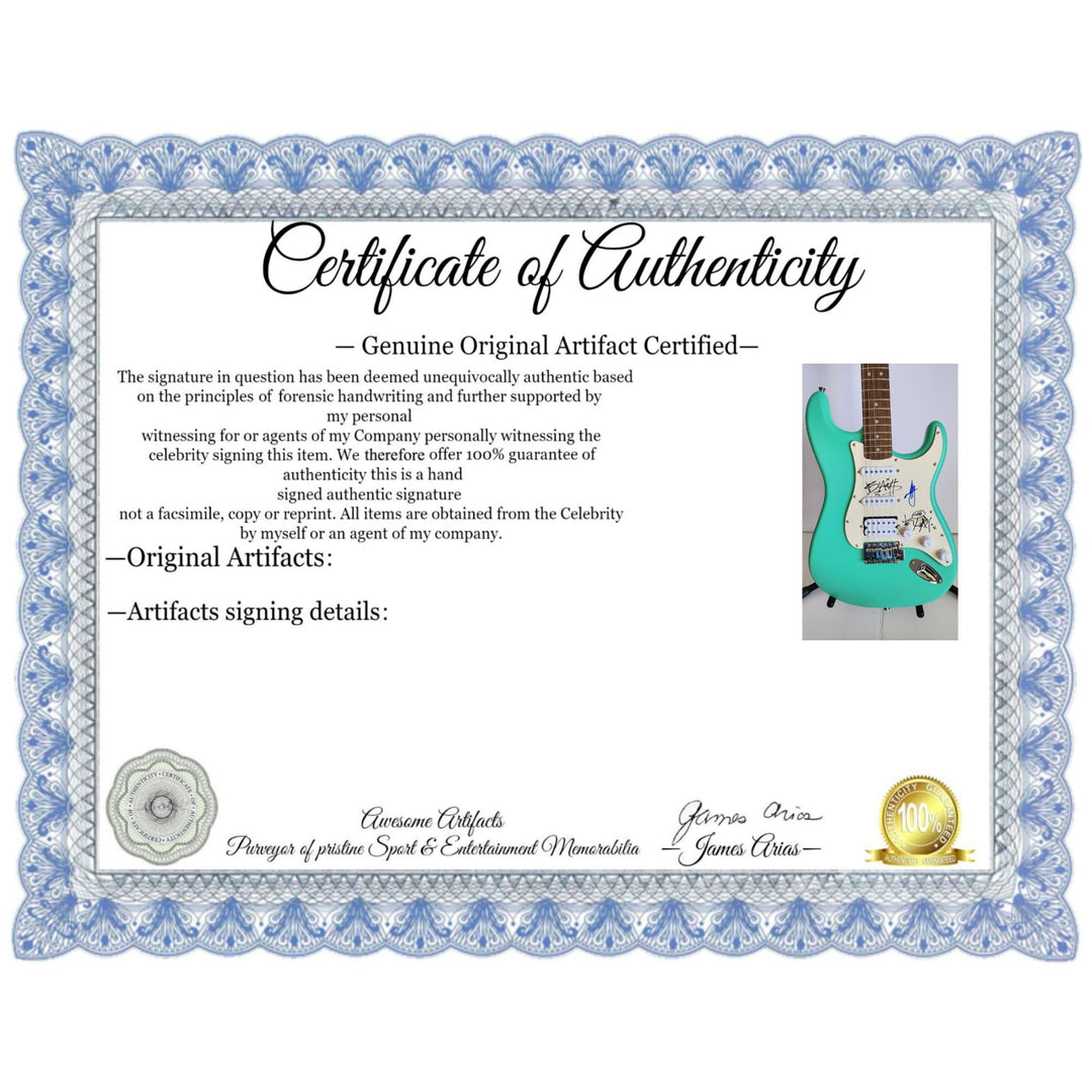 Blink 182 Travis Barker, Mark Hoppus, Tom De Longe authentic Fender Stratocaster electric guitar signed with proof