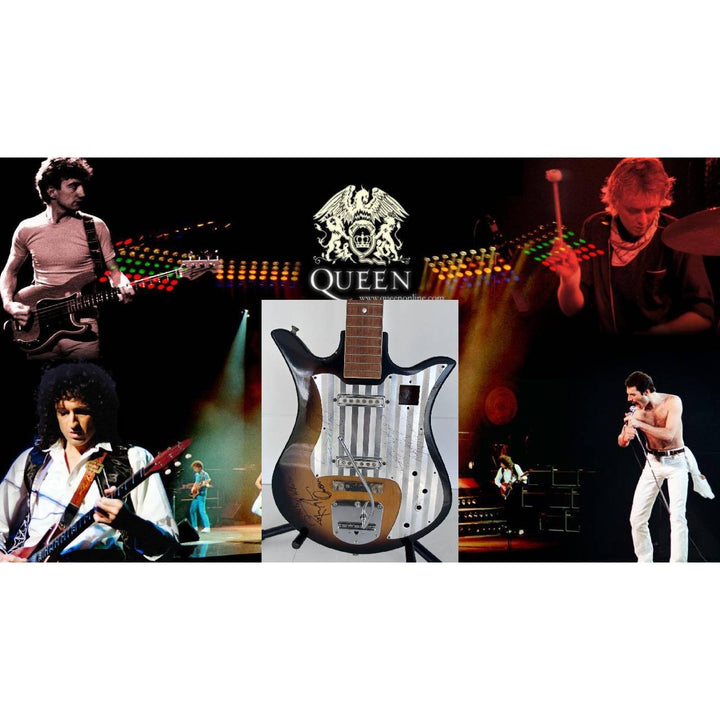 Freddie Mercury Brian May, Roger Taylor, John Deacon Queen vintage guitar signed with proof.
