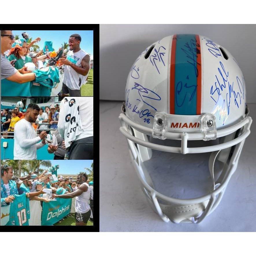 Tua Tagovailoa Tyreek Hill 2022/23 Miami Dolphins team signed helmet Riddell Speed full size helmet signed with proof