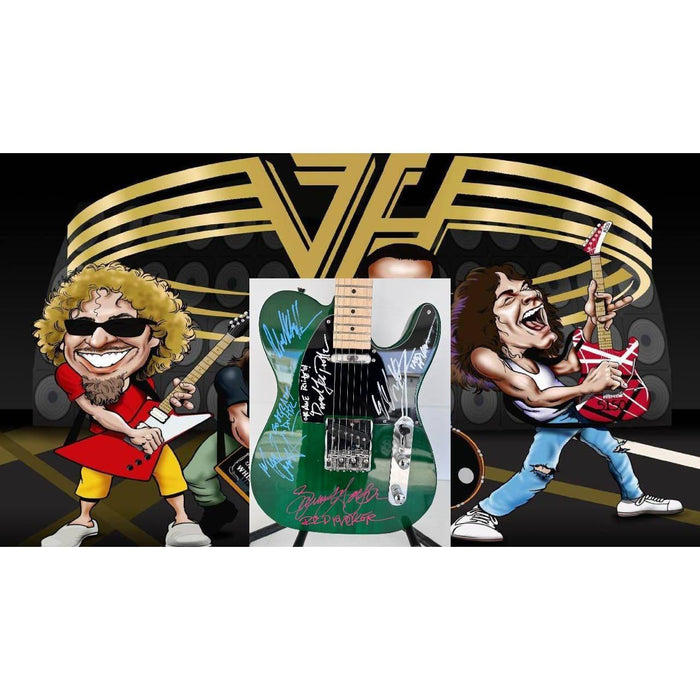 Van Halen green telecaster electric guitar Eddie & Alex Van Halen, Michael Anthony, David Lee Roth Sammy Hagar signed with proof.