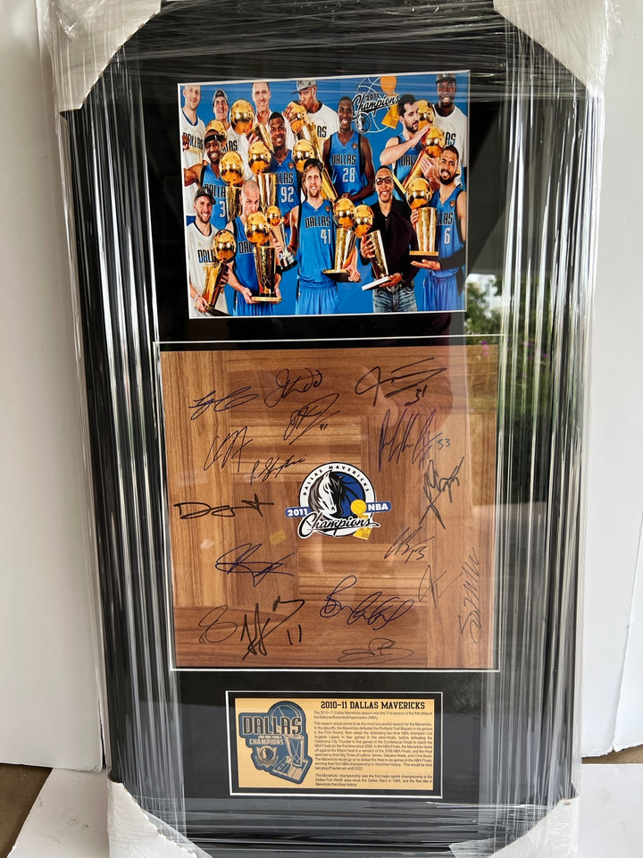 Dallas Mavericks Dirk Nowitzki, Jason Kidd 2010-11 NBA champions Team parquet floor board signed & framed 32x18in with proof