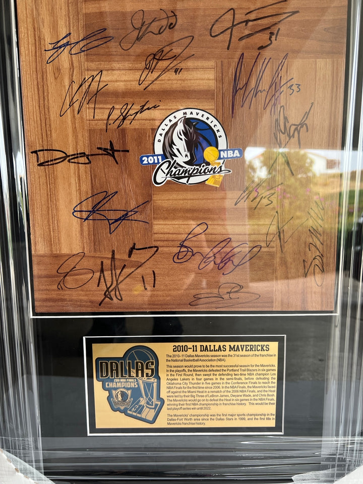 Dallas Mavericks Dirk Nowitzki, Jason Kidd 2010-11 NBA champions Team parquet floor board signed & framed 32x18in with proof