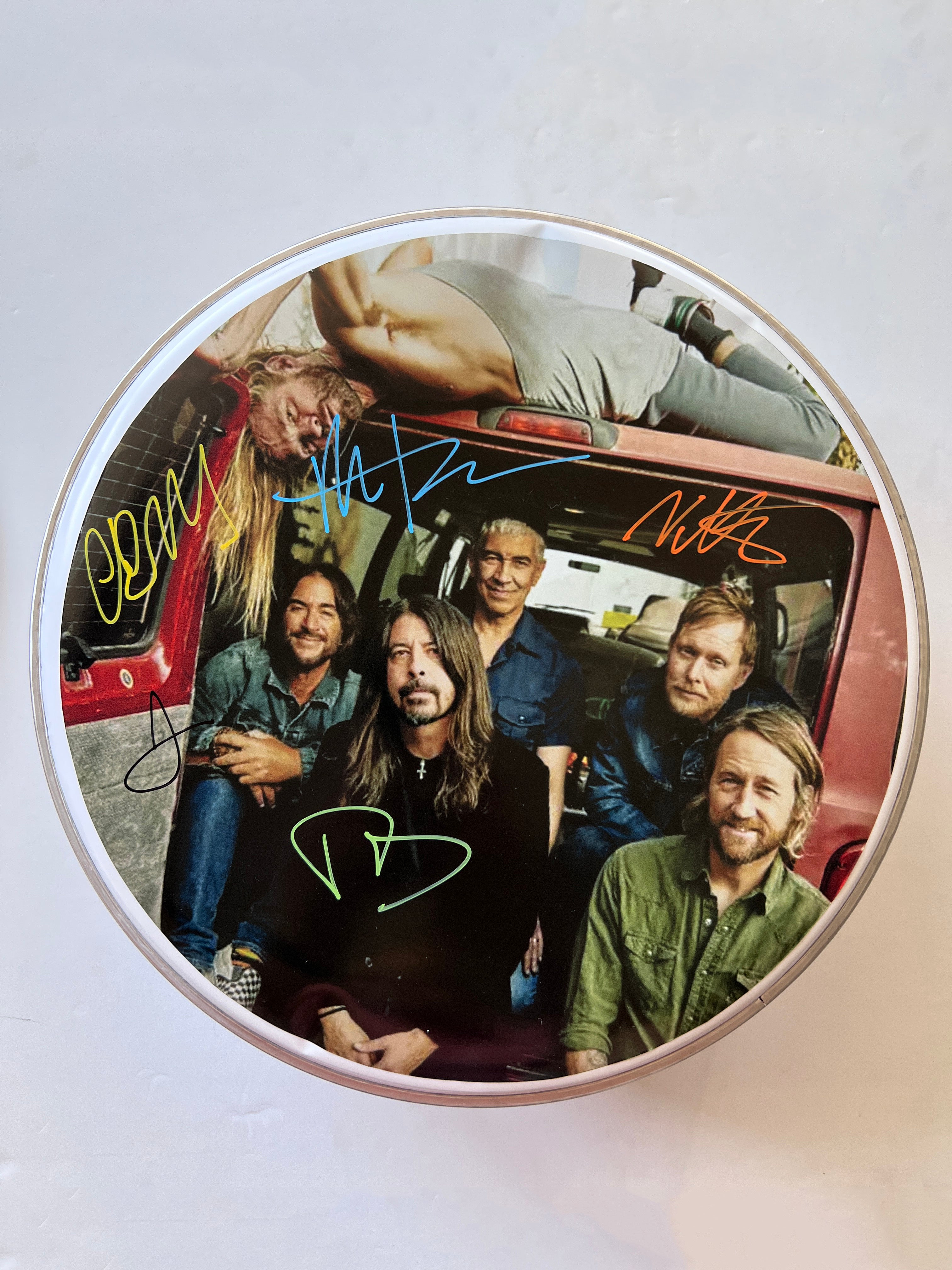 David Grohl, Taylor Hawkins Foo Fighters one-of-a-kind drumhead signed with proof