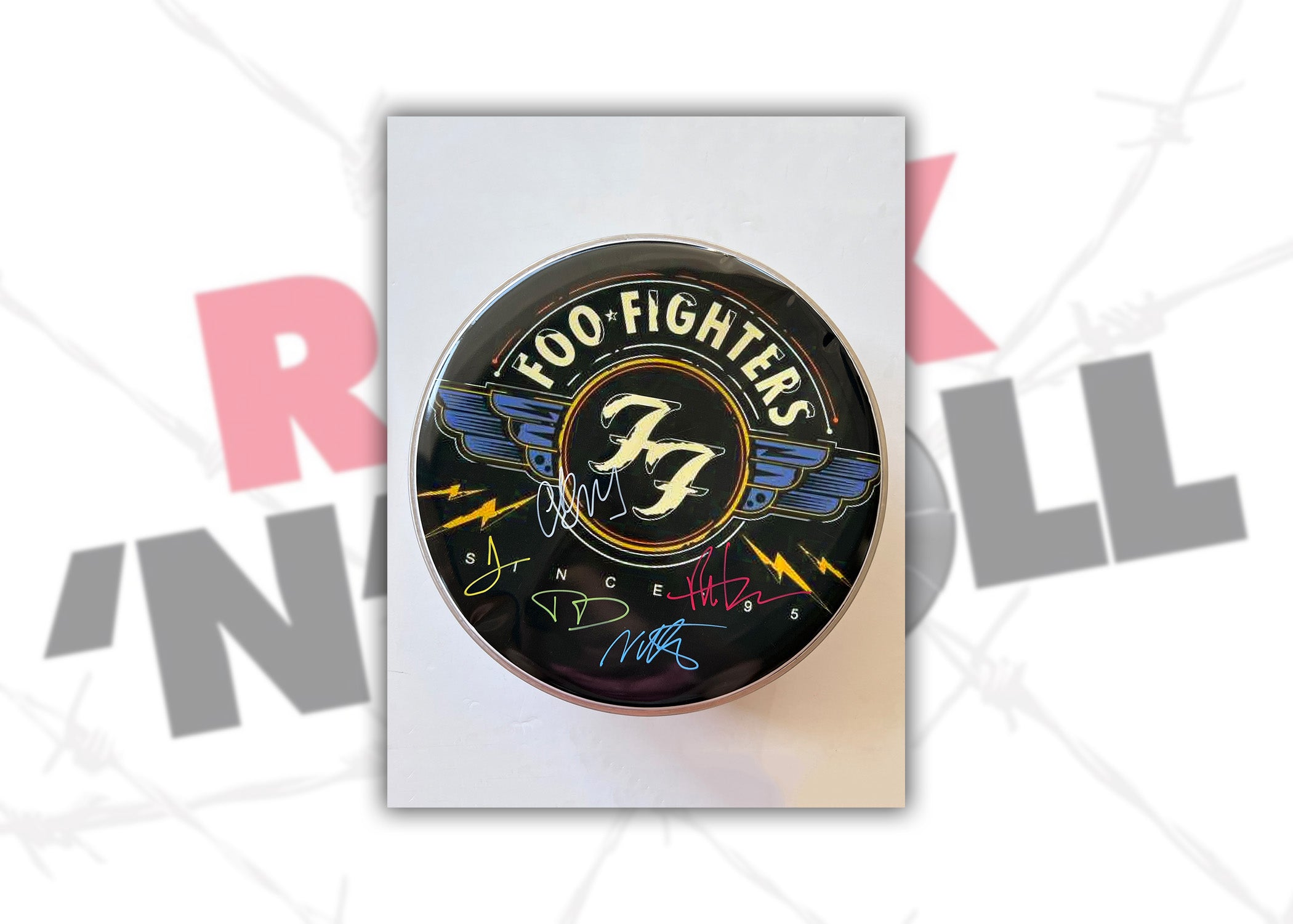 David Grohl, Taylor Hawkins, the Foo Fighters one-of-a-kind drumhead signed with proof