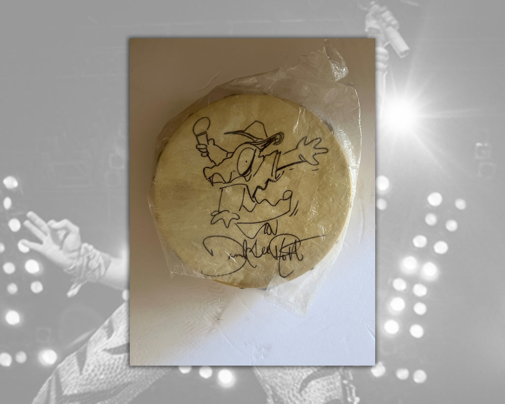 David Lee Roth, Van Halen incredible 14-in tambourine with self-sketch by David and signed with proof