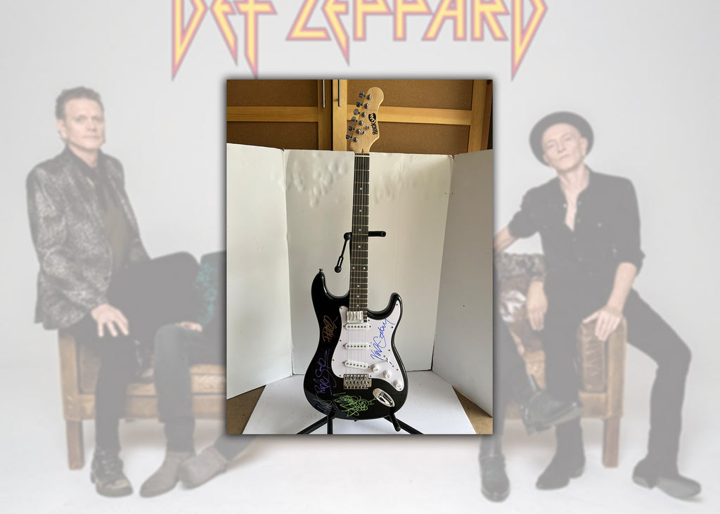 Phil Collen, Vivian Campbell, Joe Elliott, Rick Savage, Rick Allen Def Leppard electric guitar signed with proof