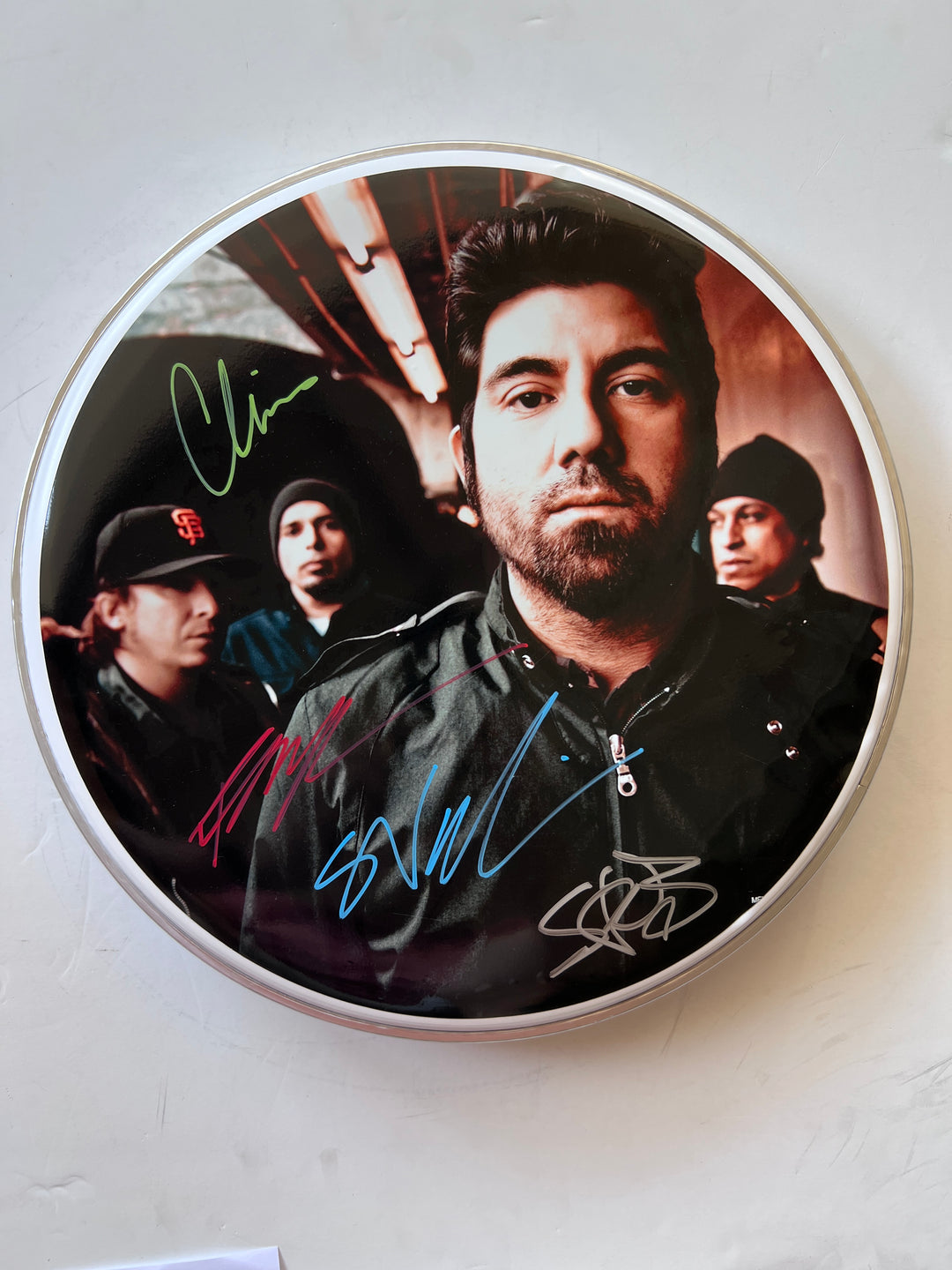 Deftones Chino Moreno, Chi Cheng, Stephen Carpenter one-of-a-kind drum head signed with proof