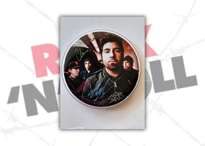 Deftones Chino Moreno, Chi Cheng, Stephen Carpenter one-of-a-kind drum head signed with proof