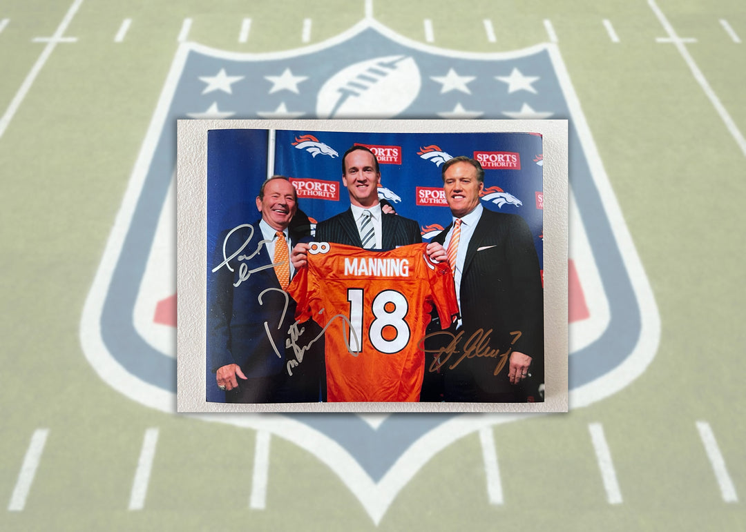 Denver Broncos Pat Bowlen, John Elway, Peyton Manning 8x10 photo signed