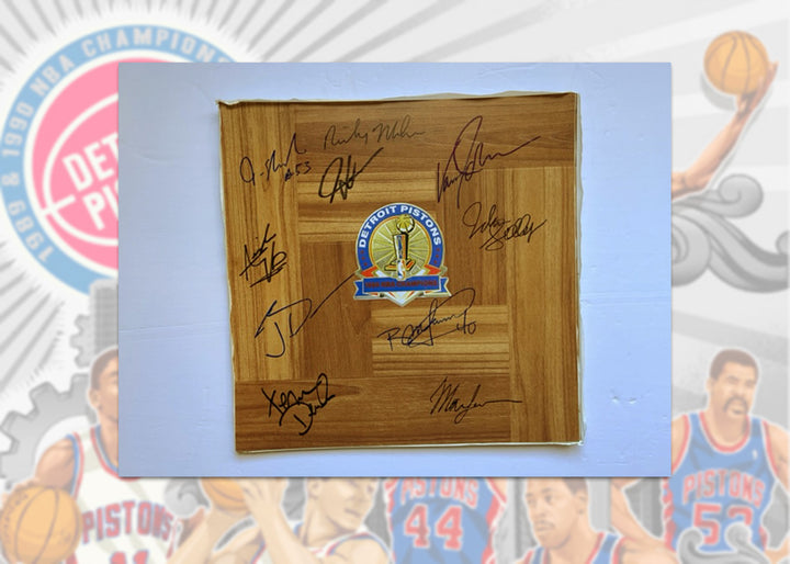 Detroit Pistons 1988-1989 NBA Champ 12x12 parquet wood floorboard signed with proof