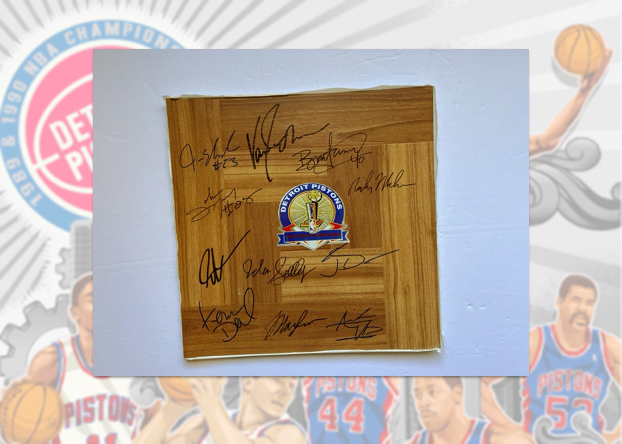 Detroit Pistons 1988-1989 NBA Champ 12x12 parquet wood floorboard signed with proof