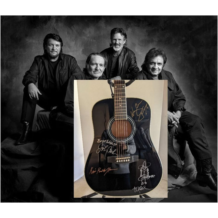 The Highwaymen Johnny Cash, Waylon Jennings, Willie Nelson w/ self sketch, and Kris Kristofferson full size acoustic guitar signed