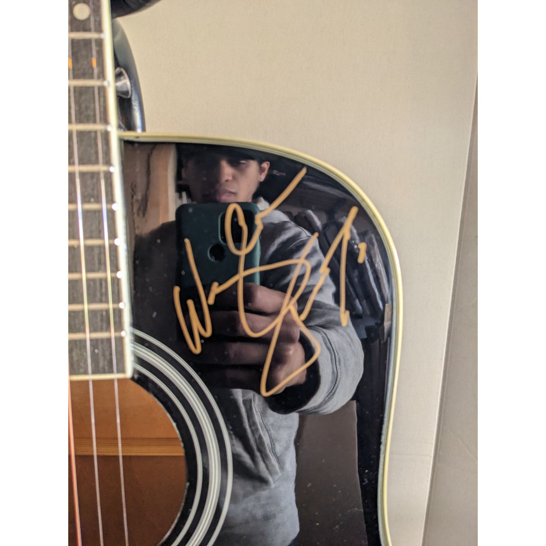 The Highwaymen Johnny Cash, Waylon Jennings, Willie Nelson w/ self sketch, and Kris Kristofferson full size acoustic guitar signed