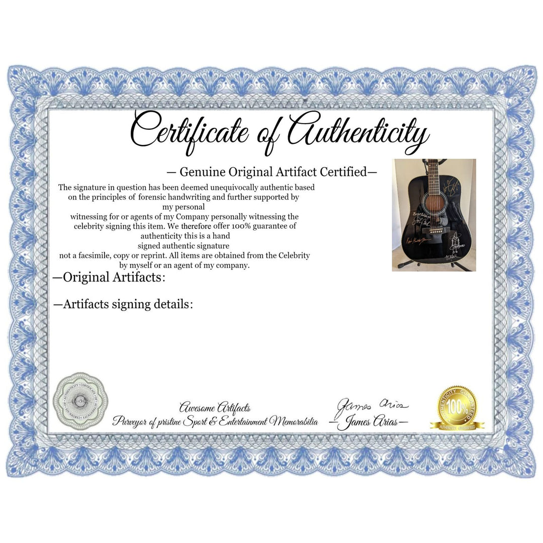 The Highwaymen Johnny Cash, Waylon Jennings, Willie Nelson w/ self sketch, and Kris Kristofferson full size acoustic guitar signed